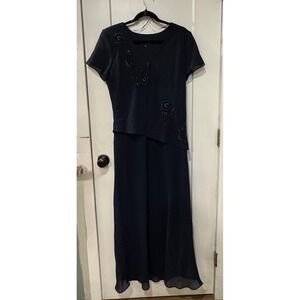 Studio I Navy Blue Beaded Overlay Maxi Mother of Bride Formal Evening Size 12
